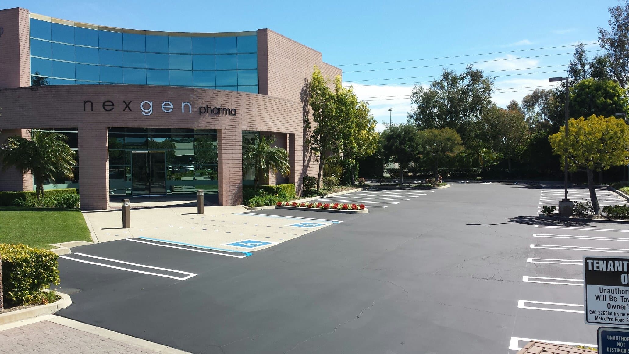 Freshly seal coated and striped parking lot at an Irvine office building