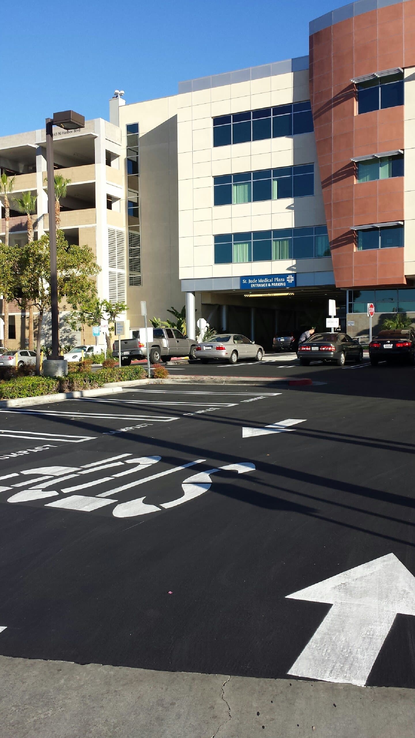 Stenciled directional arrow and pavement lettering on a freshly sealed drive aisle